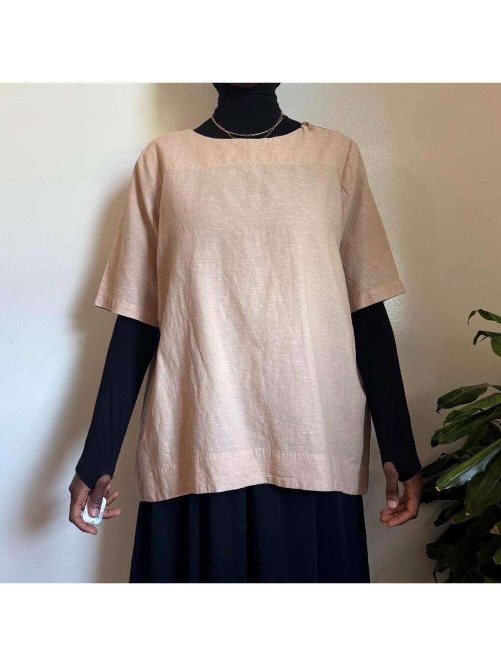 Martha Stewart Neutral Cotton-Linen Blend Shoulder-Zip Blouse size L